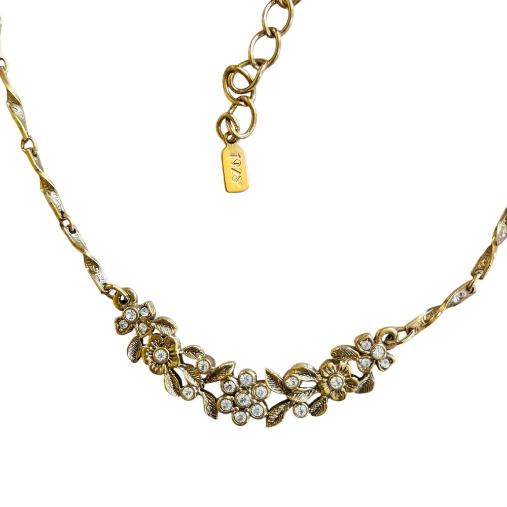 Victorian Style Floral Necklace VTG 1928 Co Crystal Rhinestone Gold Plated 19"